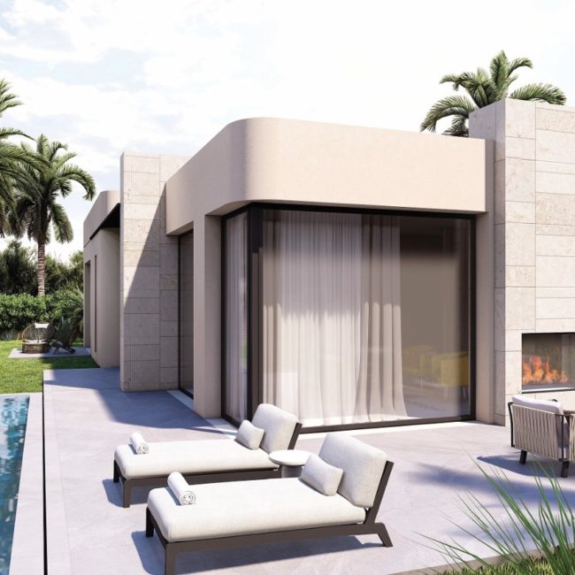 Une villa vue de l'extérieur avec sa terrasse et sa piscine privative